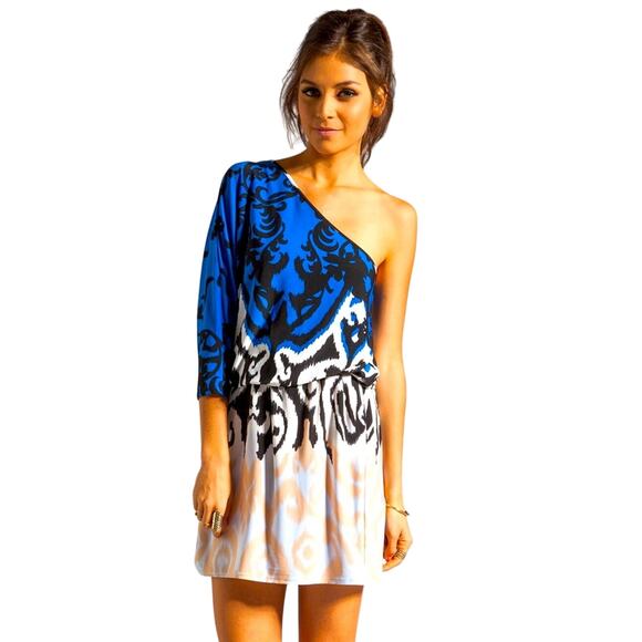 Tibi Jasmine One Shoulder Dress Black Ivory Multi Size Small Statement Sleeve - Picture 2 of 16